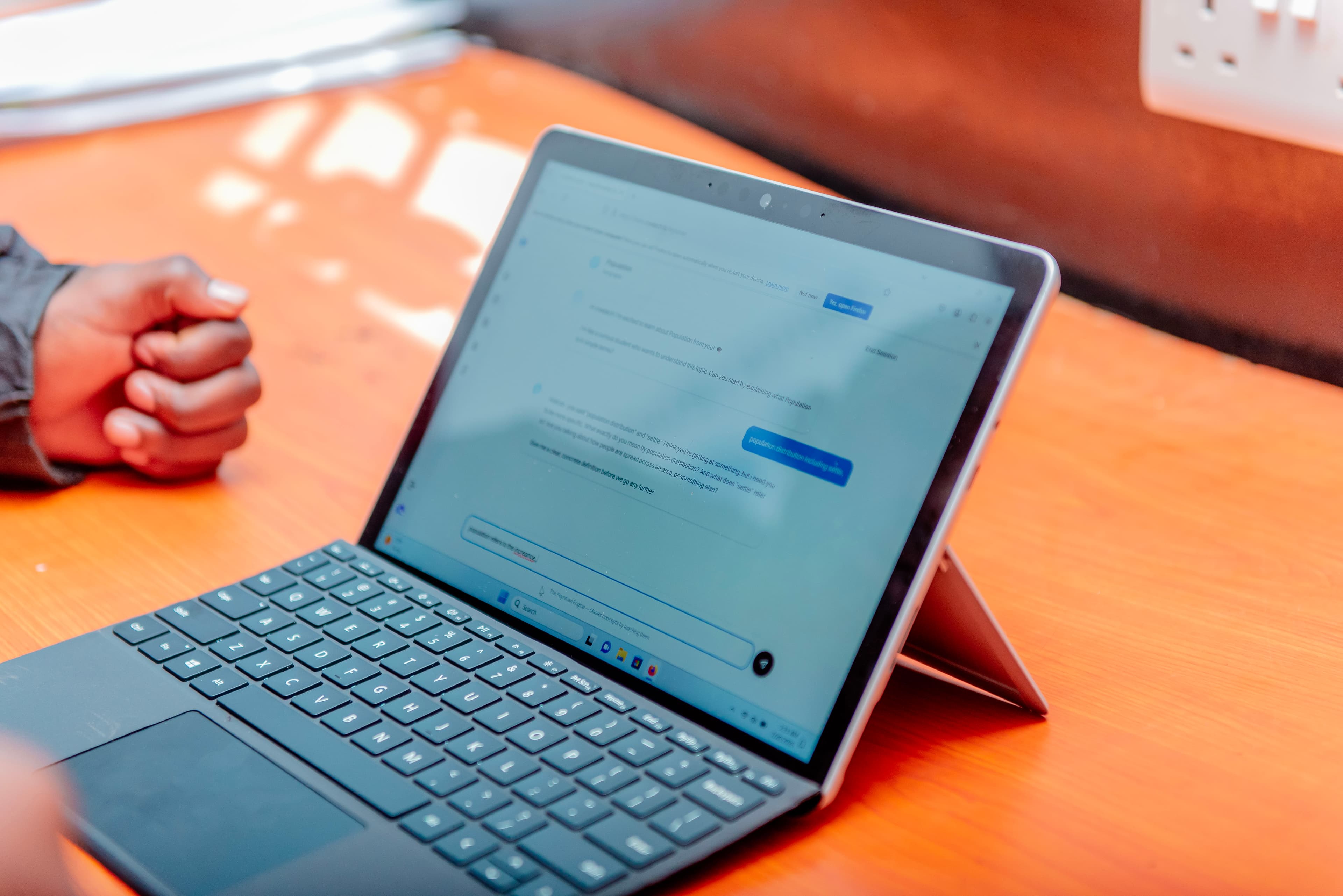 The Maktaba learning platform open on a tablet with a keyboard
