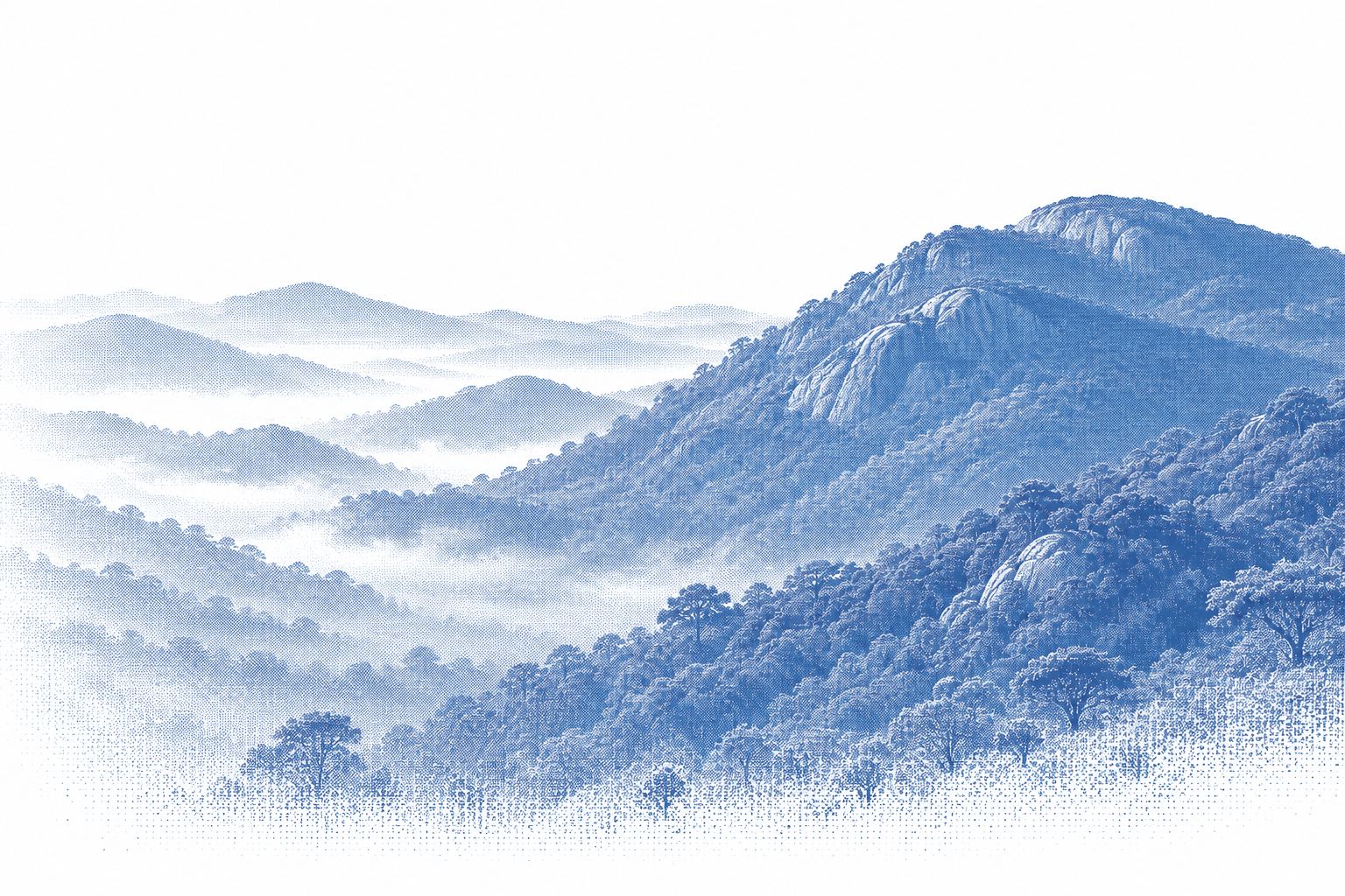 An illustrated highland landscape with wooded ridges and misty valleys, rendered in blue monochrome pixels